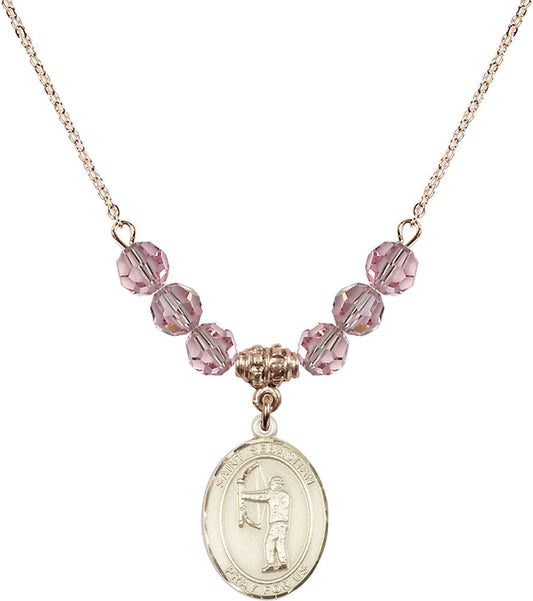 14kt Gold Filled Saint Sebastian / Archery Birthstone Necklace with Light Rose Beads - 8189