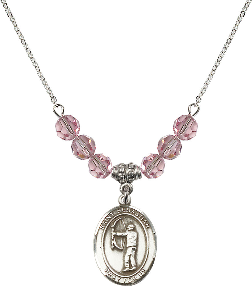 Sterling Silver Saint Sebastian / Archery Birthstone Necklace with Light Rose Beads - 8189