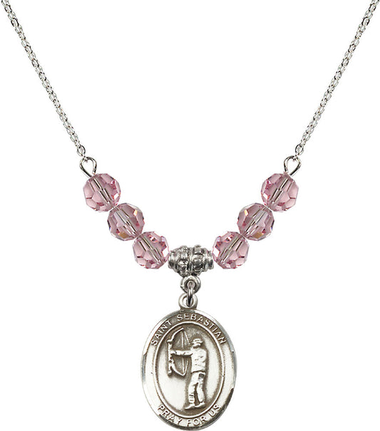 Sterling Silver Saint Sebastian / Archery Birthstone Necklace with Light Rose Beads - 8189