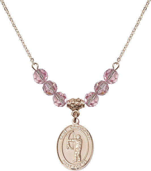 14kt Gold Filled Saint Christopher/Archery Birthstone Necklace with Light Rose Beads - 8190
