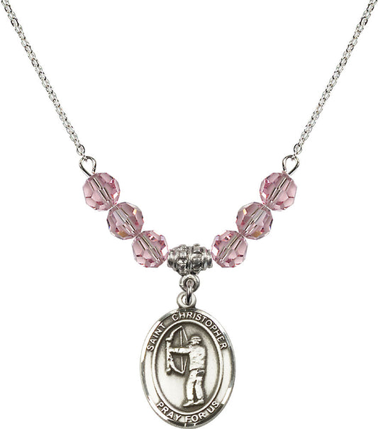 Sterling Silver Saint Christopher/Archery Birthstone Necklace with Light Rose Beads - 8190