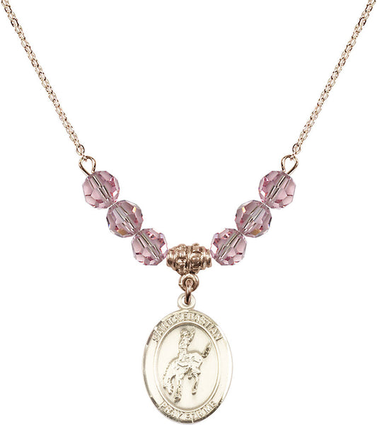 14kt Gold Filled Saint Sebastian / Rodeo Birthstone Necklace with Light Rose Beads - 8191