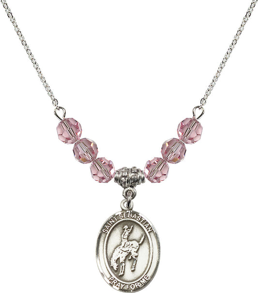 Sterling Silver Saint Sebastian / Rodeo Birthstone Necklace with Light Rose Beads - 8191
