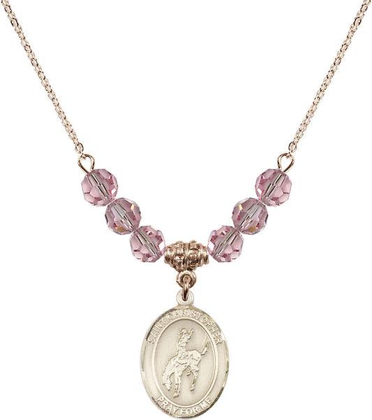 14kt Gold Filled Saint Christopher / Rodeo Birthstone Necklace with Light Rose Beads - 8192