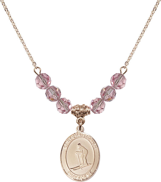 14kt Gold Filled Saint Christopher / Skiing Birthstone Necklace with Light Rose Beads - 8193