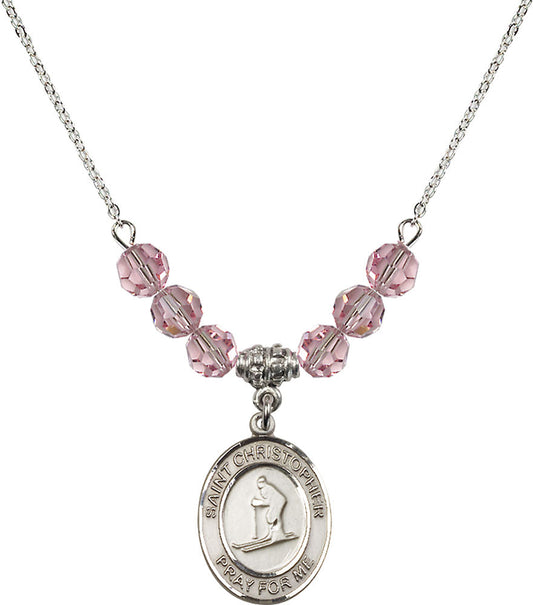 Sterling Silver Saint Christopher / Skiing Birthstone Necklace with Light Rose Beads - 8193