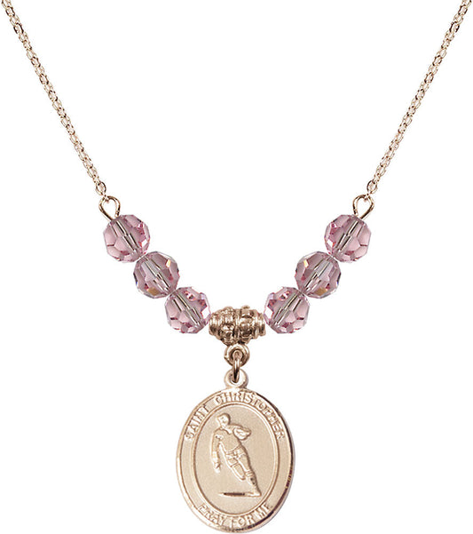 14kt Gold Filled Saint Christopher / Rugby Birthstone Necklace with Light Rose Beads - 8194