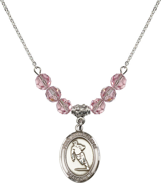 Sterling Silver Saint Christopher / Rugby Birthstone Necklace with Light Rose Beads - 8194