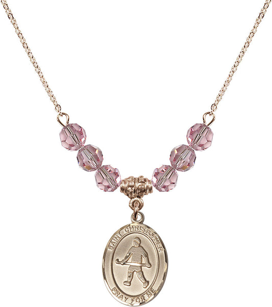 14kt Gold Filled Saint Christopher / Field Hockey Birthstone Necklace with Light Rose Beads - 8195