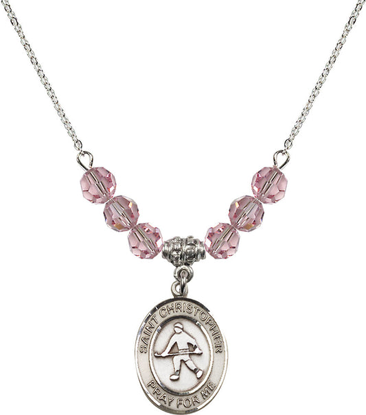 Sterling Silver Saint Christopher / Field Hockey Birthstone Necklace with Light Rose Beads - 8195