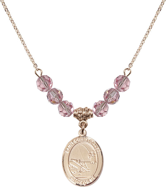 14kt Gold Filled Saint Christopher / Fishing Birthstone Necklace with Light Rose Beads - 8196