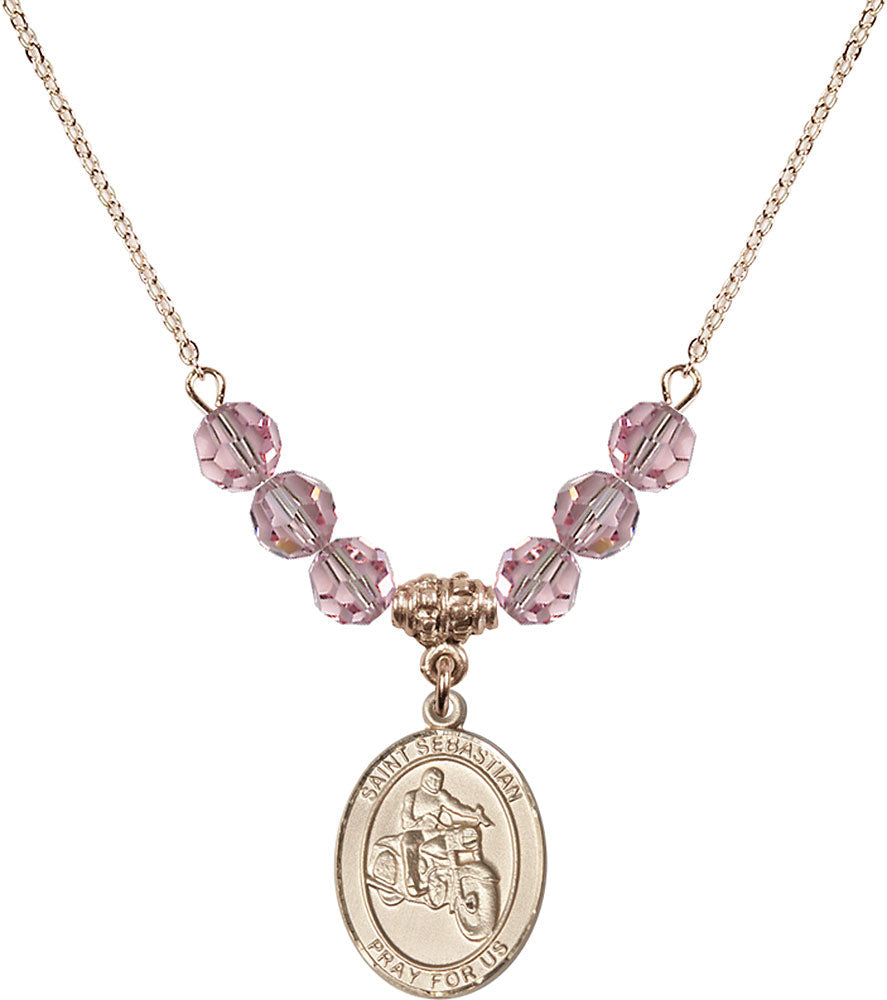 14kt Gold Filled Saint Sebastian / Motorcycle Birthstone Necklace with Light Rose Beads - 8197