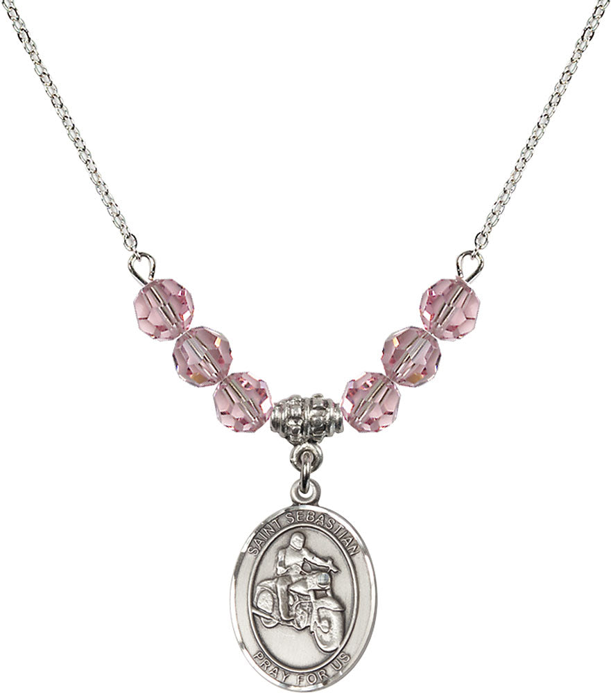 Sterling Silver Saint Sebastian / Motorcycle Birthstone Necklace with Light Rose Beads - 8197