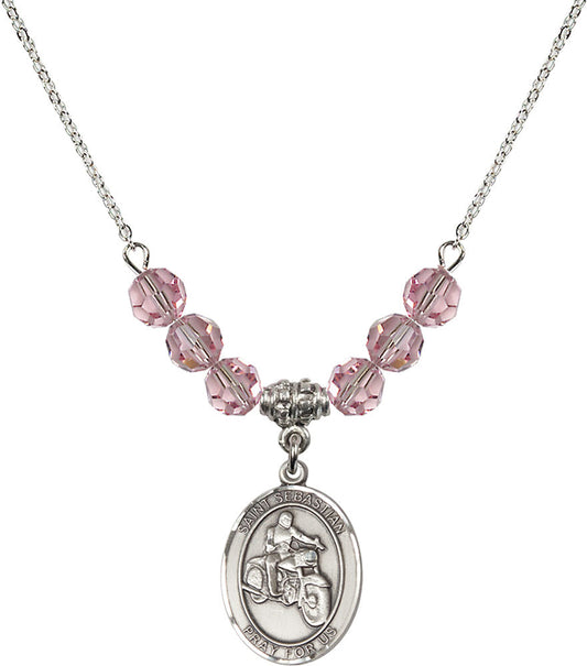 Sterling Silver Saint Sebastian / Motorcycle Birthstone Necklace with Light Rose Beads - 8197