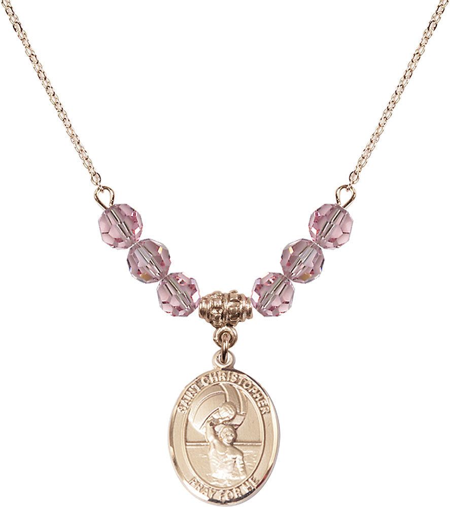14kt Gold Filled Saint Christopher/Water Polo-Men Birthstone Necklace with Light Rose Beads - 8198