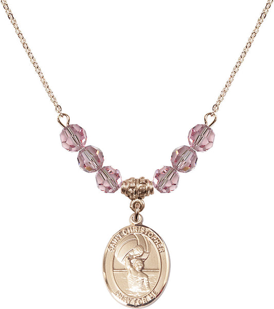 14kt Gold Filled Saint Christopher/Water Polo-Men Birthstone Necklace with Light Rose Beads - 8198