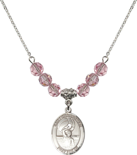 Sterling Silver Saint Christopher/Water Polo-Men Birthstone Necklace with Light Rose Beads - 8198