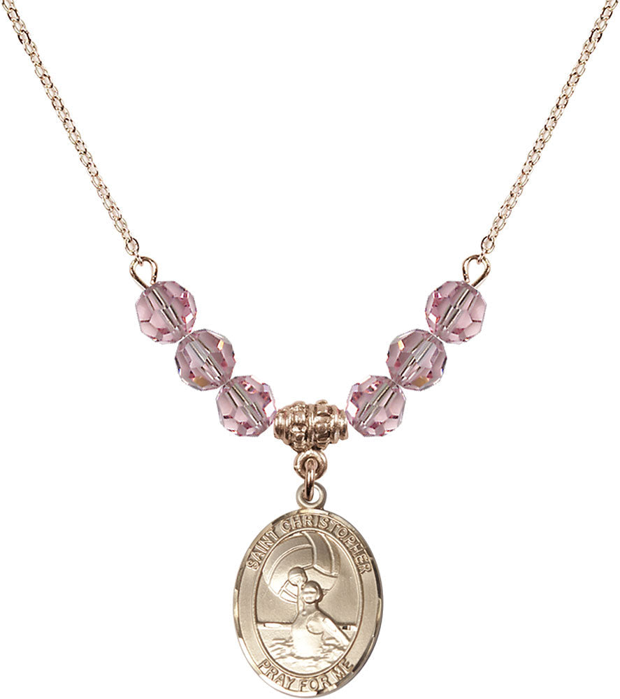 14kt Gold Filled Saint Christopher/Water Polo-Women Birthstone Necklace with Light Rose Beads - 8199