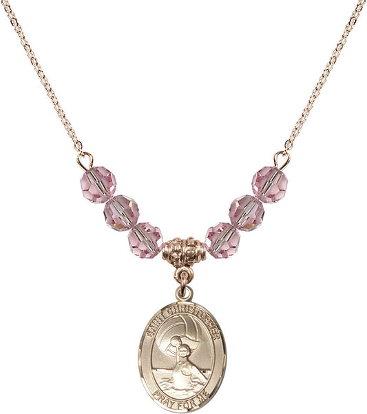 14kt Gold Filled Saint Christopher/Water Polo-Women Birthstone Necklace with Light Rose Beads - 8199