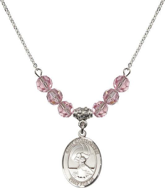 Sterling Silver Saint Christopher/Water Polo-Women Birthstone Necklace with Light Rose Beads - 8199