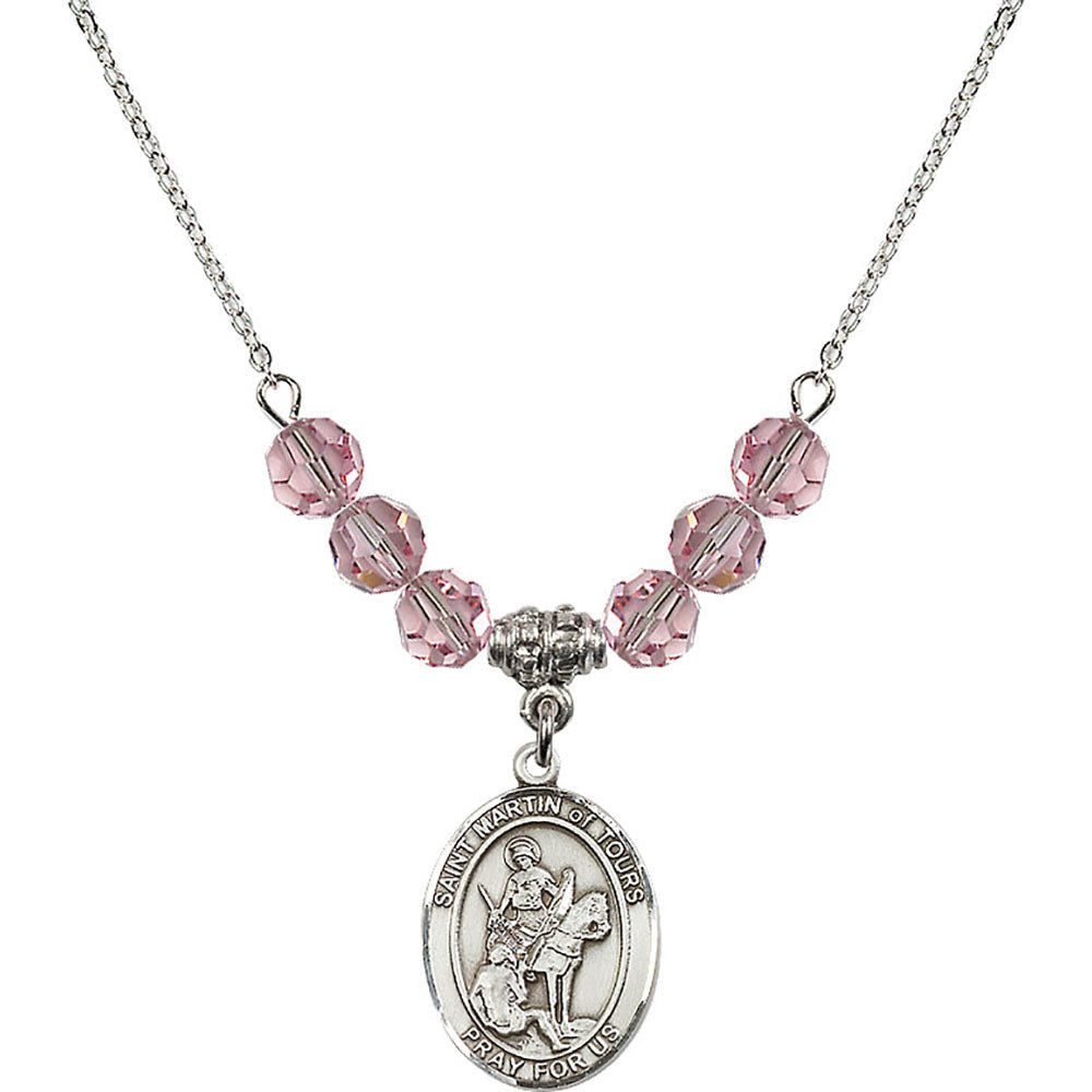 Sterling Silver Saint Martin of Tours Birthstone Necklace with Light Rose Beads - 8200