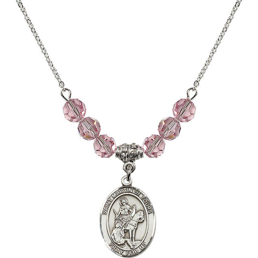 Sterling Silver Saint Martin of Tours Birthstone Necklace with Light Rose Beads - 8200