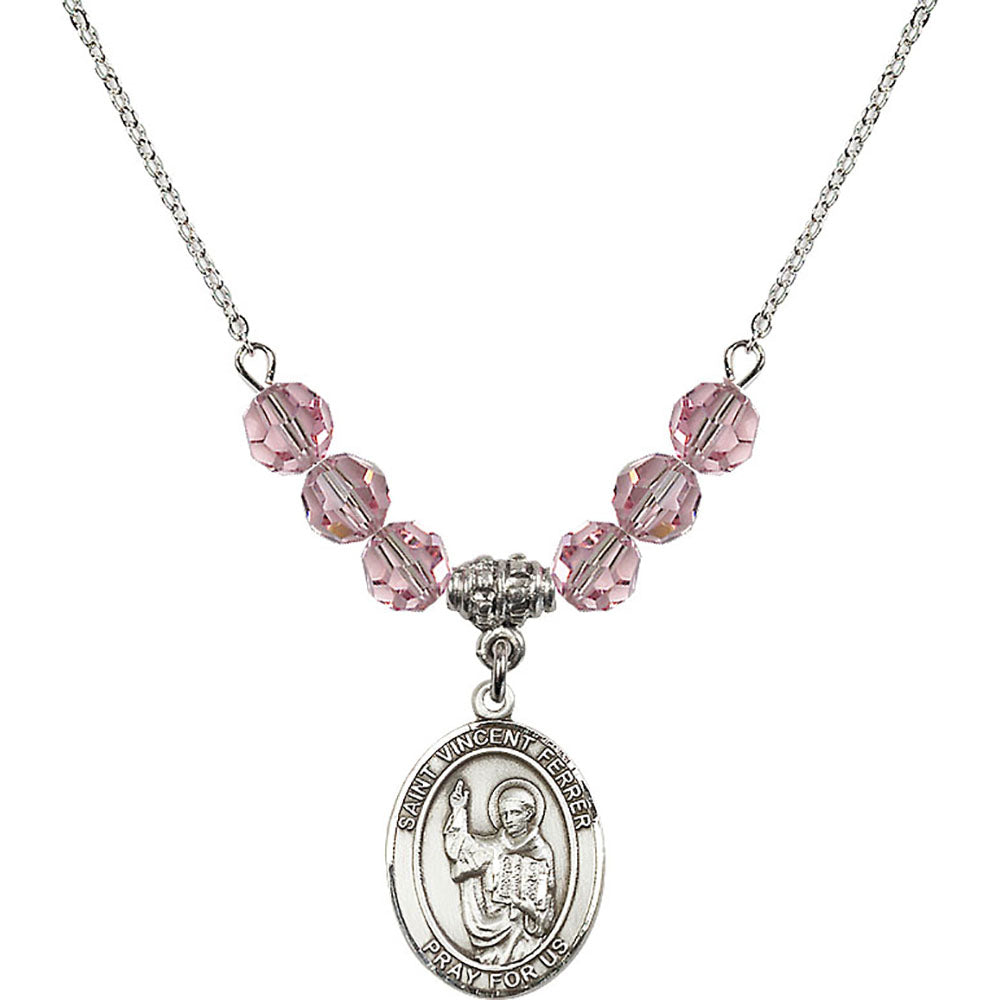 Sterling Silver Saint Vincent Ferrer Birthstone Necklace with Light Rose Beads - 8201