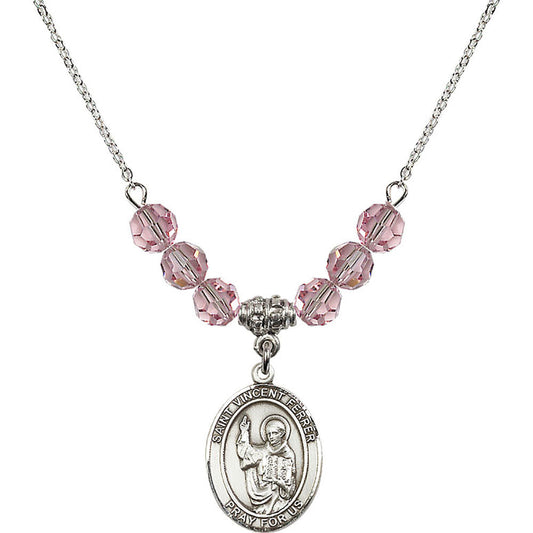 Sterling Silver Saint Vincent Ferrer Birthstone Necklace with Light Rose Beads - 8201