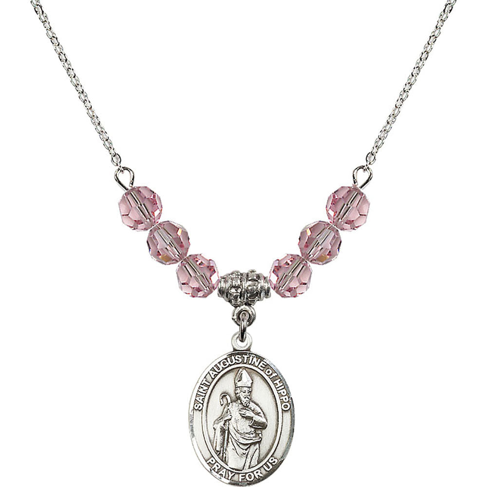 Sterling Silver Saint Augustine of Hippo Birthstone Necklace with Light Rose Beads - 8202