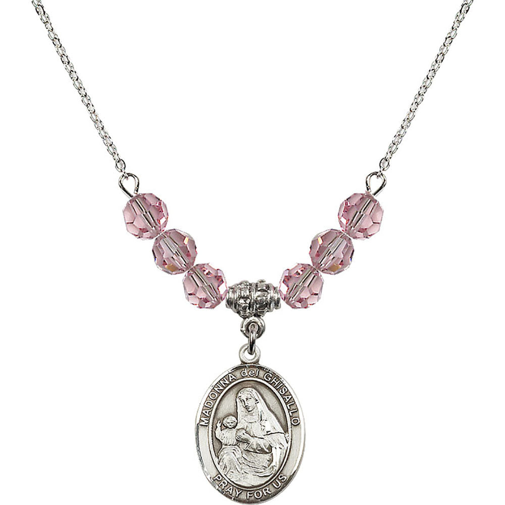 Sterling Silver Madonna del Ghisallo Birthstone Necklace with Light Rose Beads - 8203