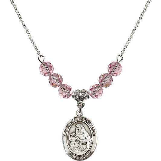 Sterling Silver Madonna del Ghisallo Birthstone Necklace with Light Rose Beads - 8203