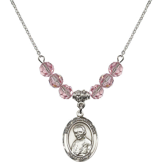 Sterling Silver Saint John Neumann Birthstone Necklace with Light Rose Beads - 8204