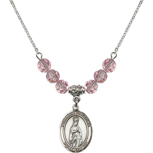 Sterling Silver Our Lady of Fatima Birthstone Necklace with Light Rose Beads - 8205
