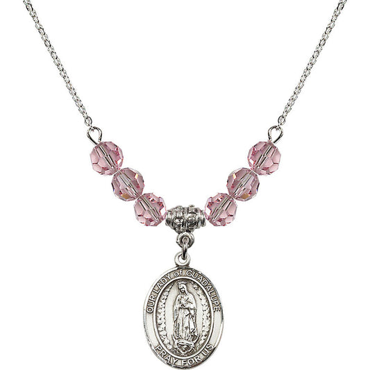 Sterling Silver Our Lady of Guadalupe Birthstone Necklace with Light Rose Beads - 8206