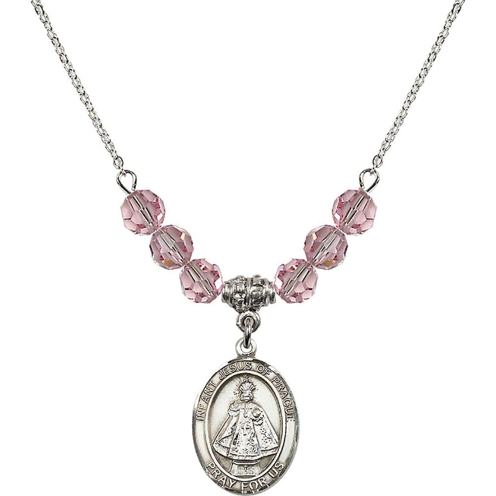 Sterling Silver Infant of Prague Birthstone Necklace with Light Rose Beads - 8207
