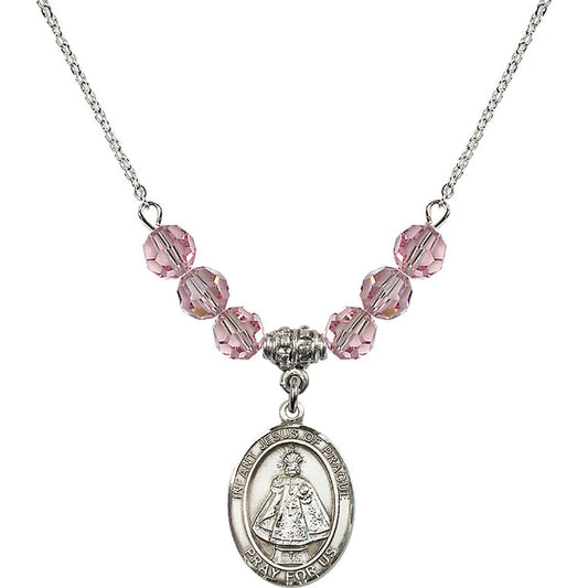 Sterling Silver Infant of Prague Birthstone Necklace with Light Rose Beads - 8207
