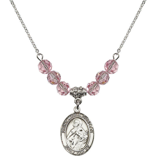 Sterling Silver Saint Maria Goretti Birthstone Necklace with Light Rose Beads - 8208