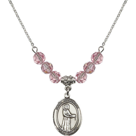 Sterling Silver Saint Petronille Birthstone Necklace with Light Rose Beads - 8209