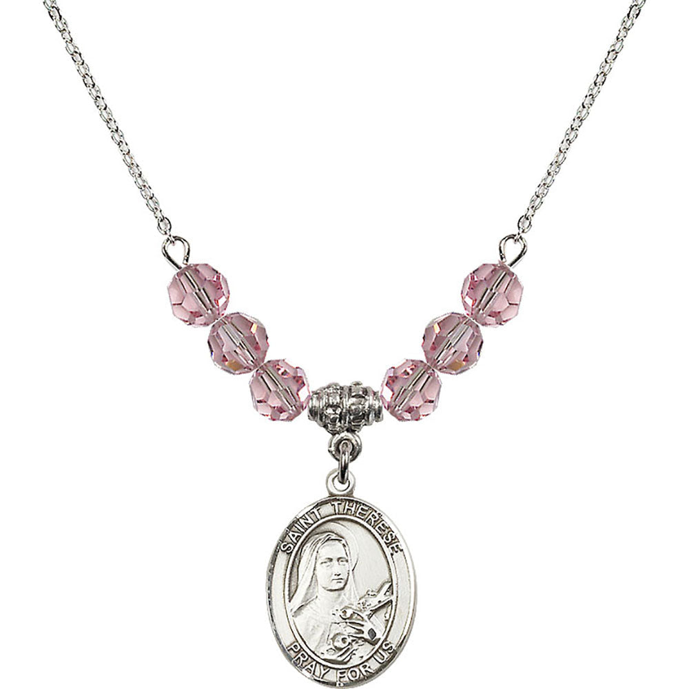 Sterling Silver Saint Therese of Lisieux Birthstone Necklace with Light Rose Beads - 8210