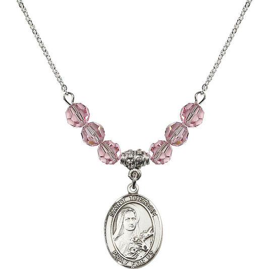 Sterling Silver Saint Therese of Lisieux Birthstone Necklace with Light Rose Beads - 8210