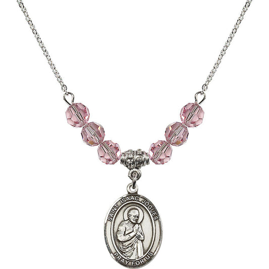 Sterling Silver Saint Isaac Jogues Birthstone Necklace with Light Rose Beads - 8212