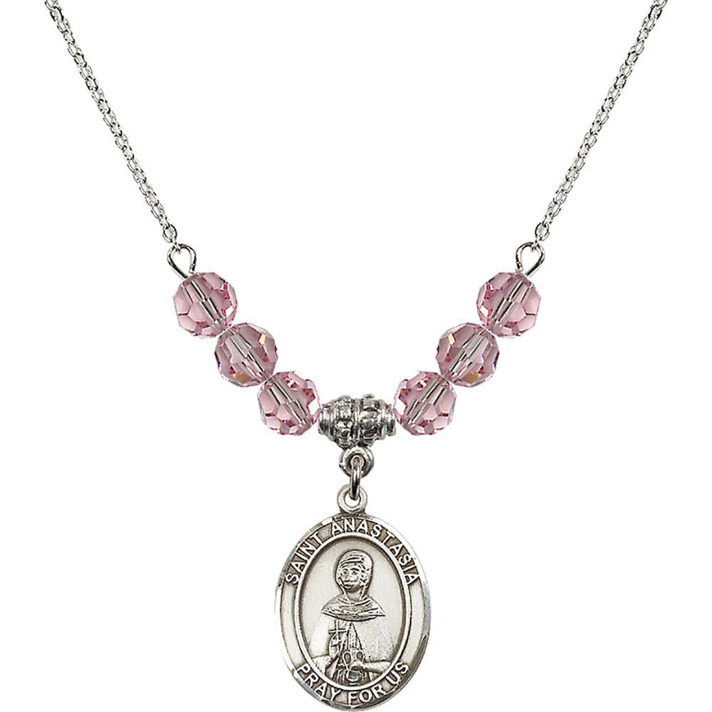 Sterling Silver Saint Anastasia Birthstone Necklace with Light Rose Beads - 8213