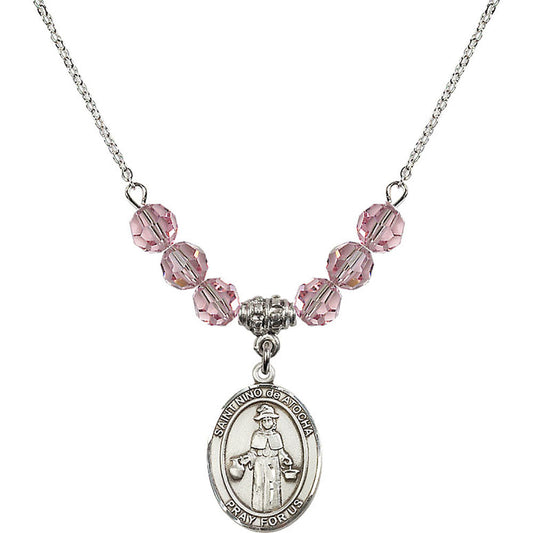 Sterling Silver Saint Nino de Atocha Birthstone Necklace with Light Rose Beads - 8214