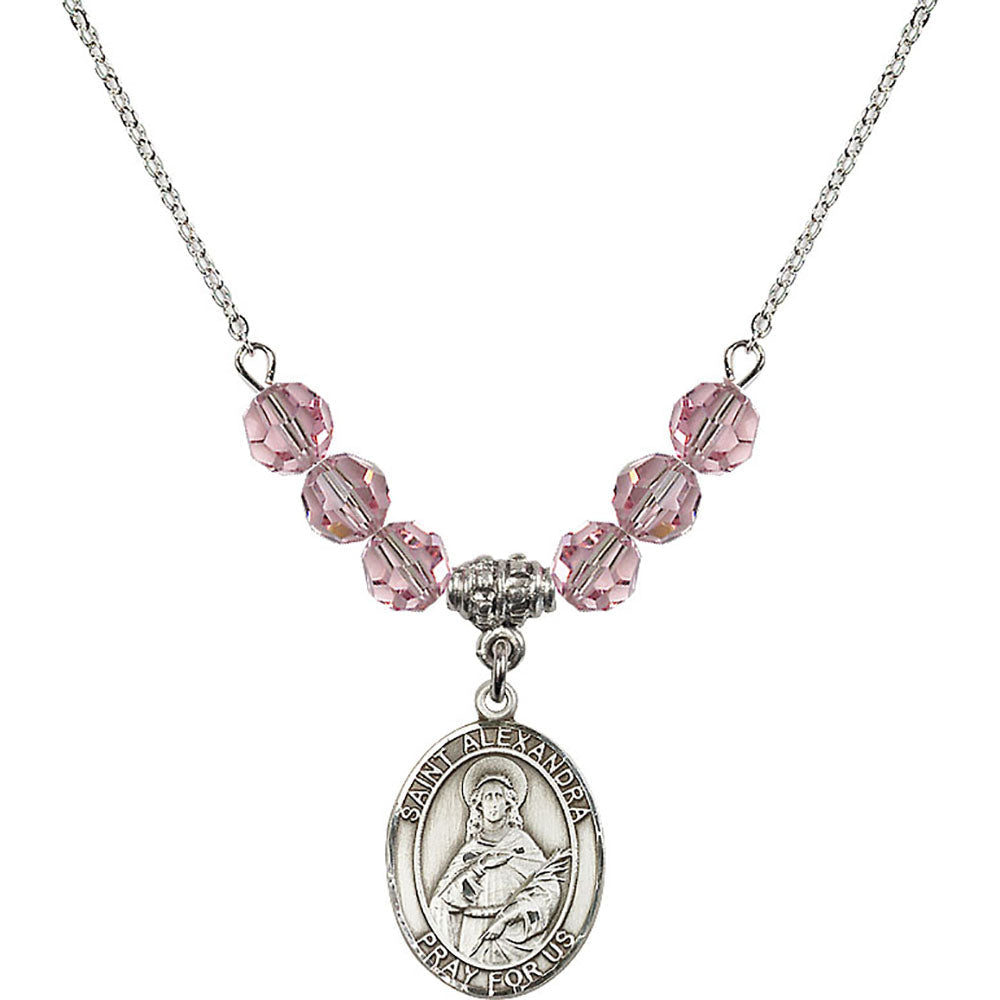 Sterling Silver Saint Alexandra Birthstone Necklace with Light Rose Beads - 8215