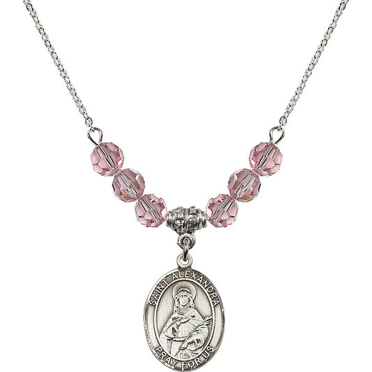 Sterling Silver Saint Alexandra Birthstone Necklace with Light Rose Beads - 8215