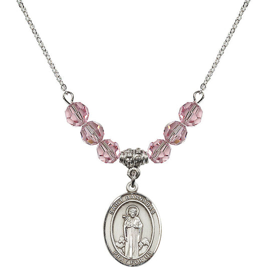 Sterling Silver Saint Barnabas Birthstone Necklace with Light Rose Beads - 8216