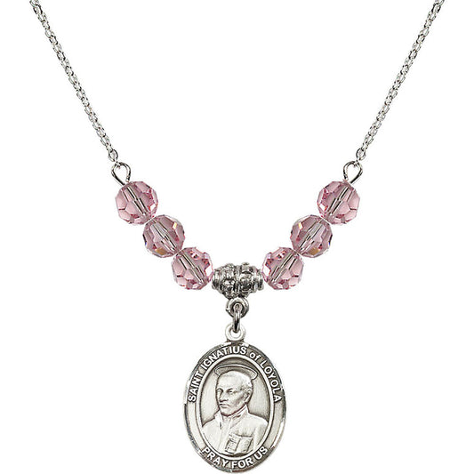 Sterling Silver Saint Ignatius of Loyola Birthstone Necklace with Light Rose Beads - 8217