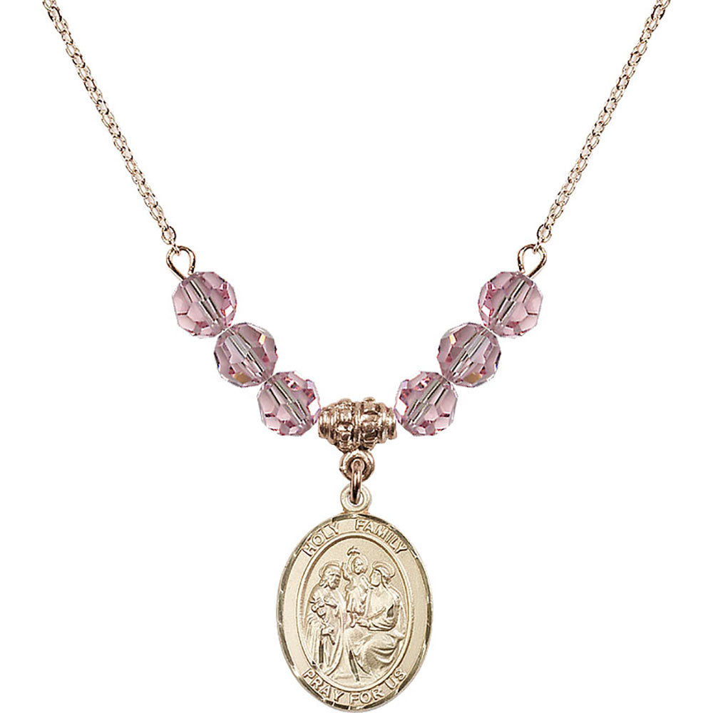 14kt Gold Filled Holy Family Birthstone Necklace with Light Rose Beads - 8218