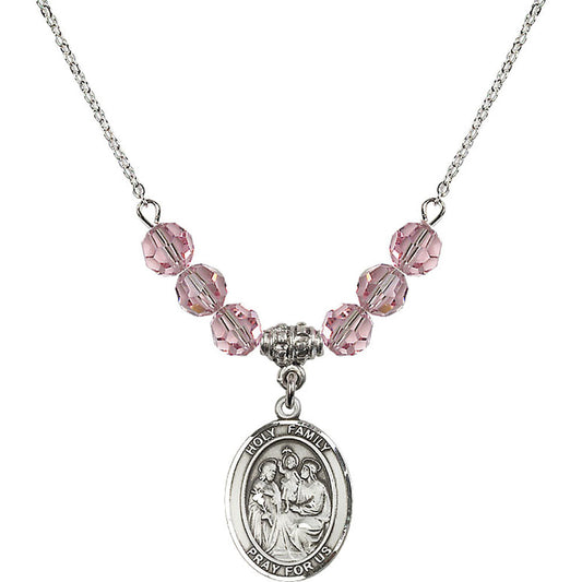 Sterling Silver Holy Family Birthstone Necklace with Light Rose Beads - 8218