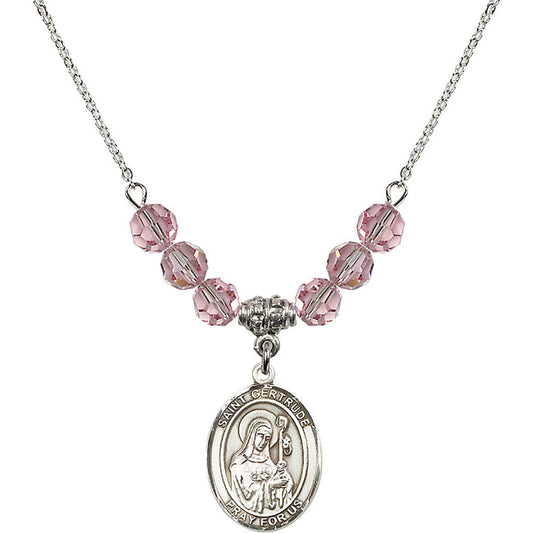 Sterling Silver Saint Gertrude of Nivelles Birthstone Necklace with Light Rose Beads - 8219